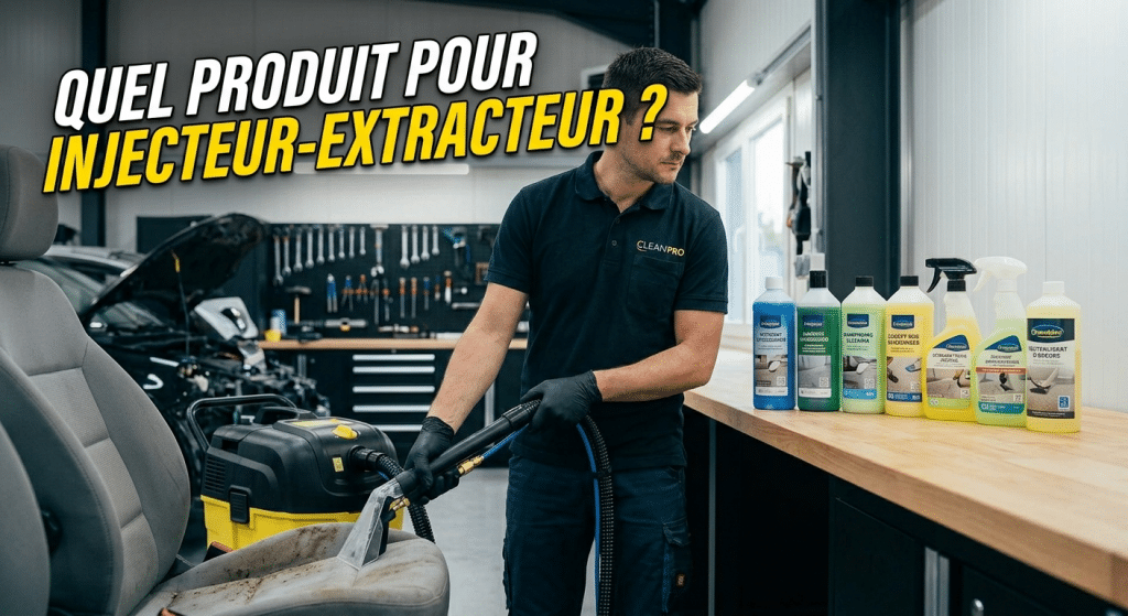 Photographie professionnelle dans un atelier de detailing montrant un technicien CLEANPRO utilisant un injecteur-extracteur sur un siège de voiture sale. Sur un établi à droite, une gamme de produits de nettoyage est alignée : Nettoyant Injecteur-Extracteur PRO, Shampooing Moquettes, Détachant Taches Difficiles, Neutralisant d'Odeurs. En haut à gauche, le texte overlay indique : "QUEL PRODUIT POUR INJECTEUR-EXTRACTEUR ?".