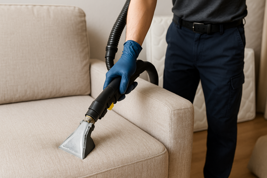 Entretien des canapés et textiles d’ameublement avec un injecteur-extracteur pour un nettoyage en profondeur.