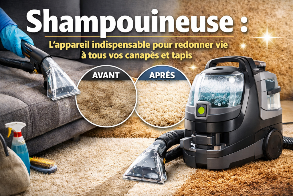 Shampouineuse nettoyant un canapé et un tapis avant après nettoyage