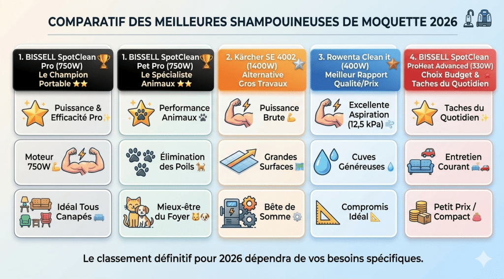 Tableau comparatif des meilleures shampouineuses 2026 présentant le BISSELL SpotClean Pro (750W), le Pet Pro pour animaux, le Kärcher SE 4002 pour grandes surfaces, le Rowenta Clean it et le BISSELL SpotClean ProHeat Advanced pour le budget.