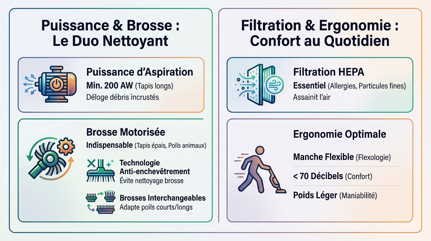 Schéma explicatif des critères de choix d'un aspirateur pour tapis : puissance, brosse et filtration