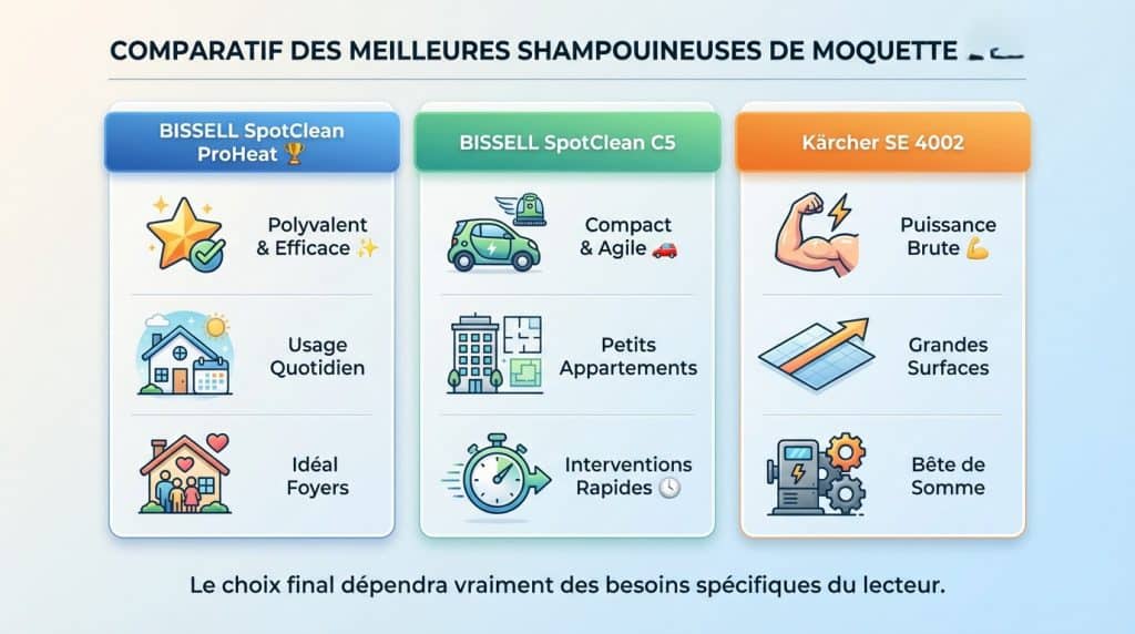 Meilleure shampouineuse 2026 : Comparatif et avis 3 Comparatif shampouineuse moquette 2026 présentant Bissell SpotClean ProHeat, SpotClean C5 et Kärcher SE 4002