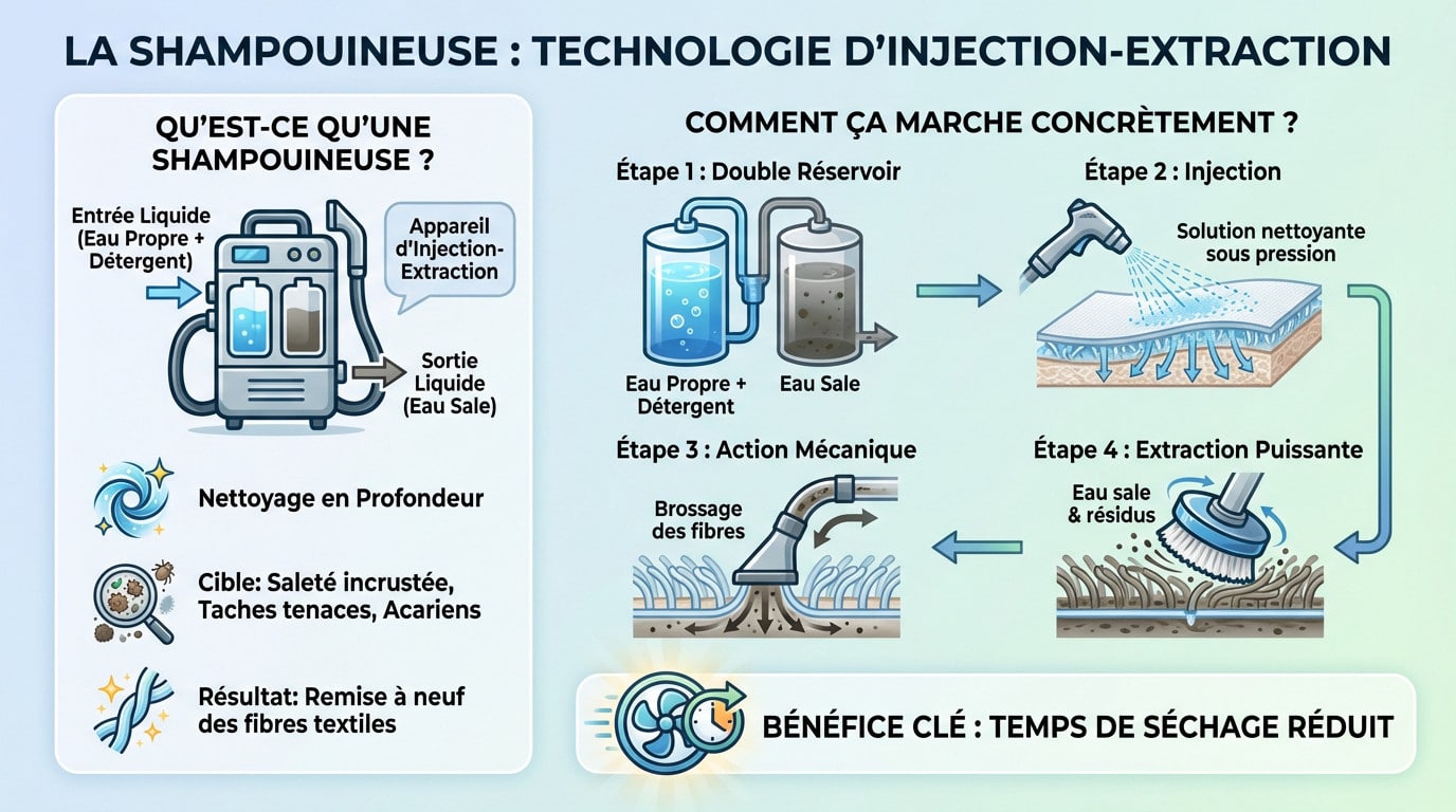 Shampouineuse : comment remettre à neuf vos canapés, tapis et matelas en profondeur 3 Schéma explicatif du fonctionnement d'une shampouineuse à injection-extraction sur un textile