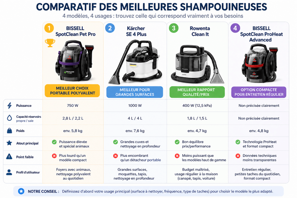 Comparatif des meilleures shampouineuses 2026 avec classement par usage canapé voiture moquette et animaux
