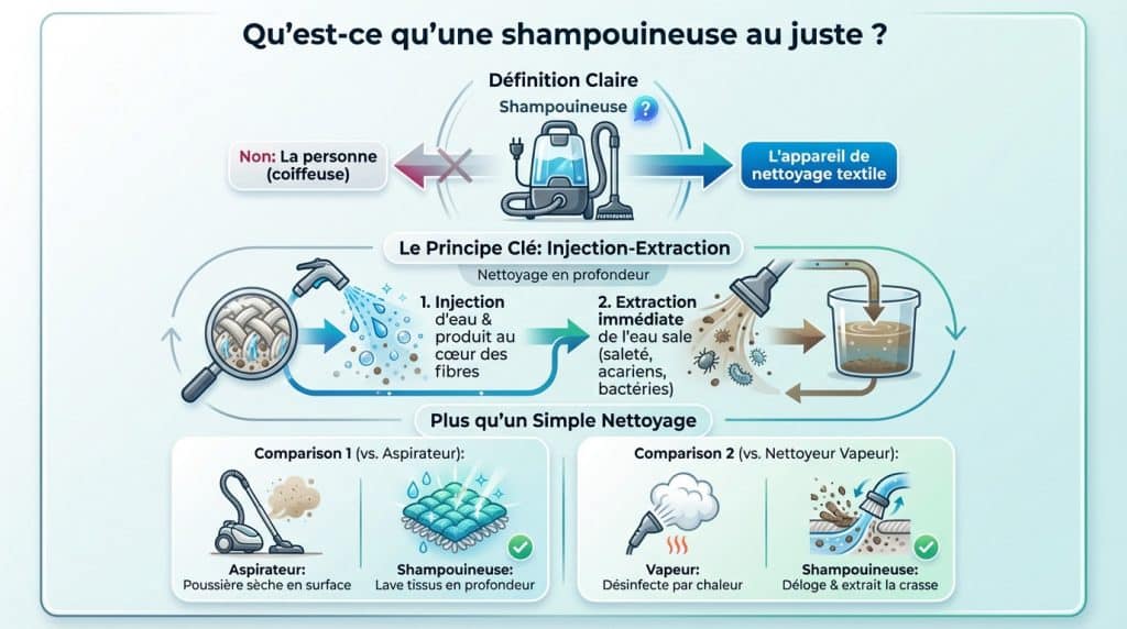 Schéma du principe d'injection-extraction : une shampouineuse injecte de l'eau dans un tapis puis aspire la saleté