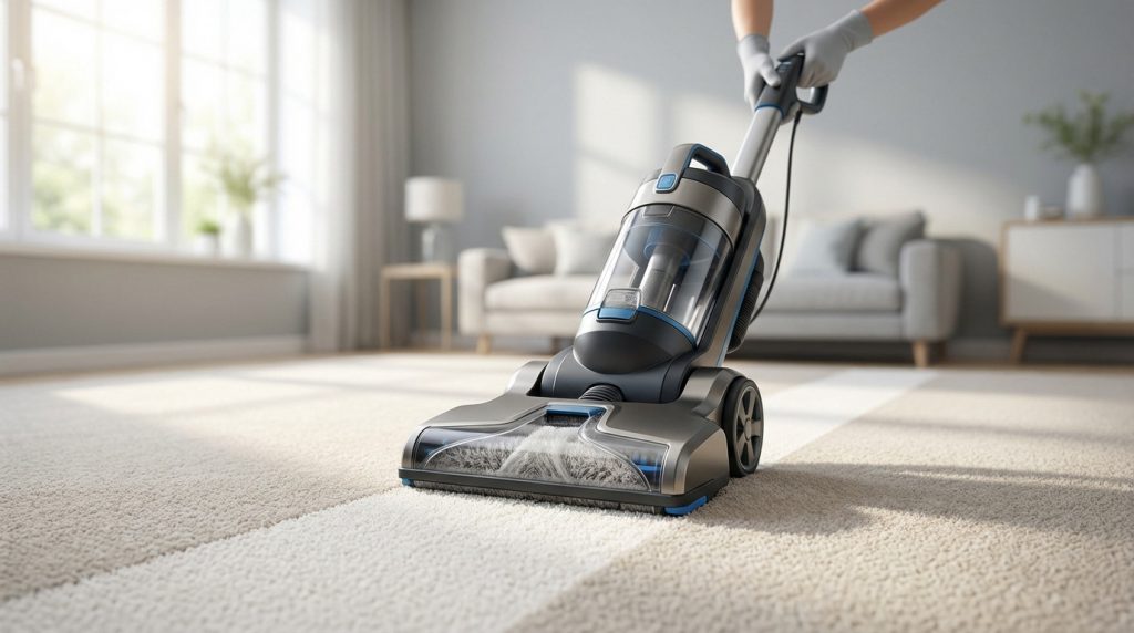 Une shampouineuse moderne nettoyant un tapis et laissant une trace propre.