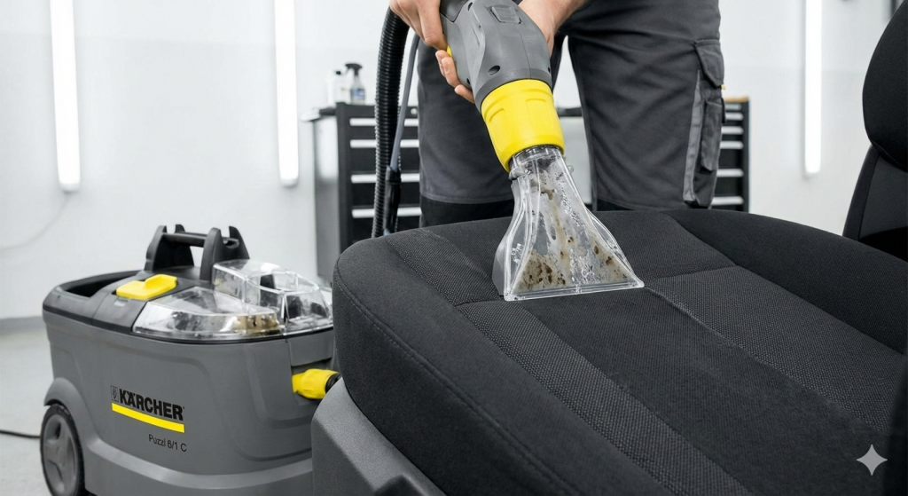 Injecteur KÄRCHER 2 Un injecteur-extracteur professionnel Kärcher Puzzi 8/1 C aspirant la saleté d'un siège de voiture en tissu noir.