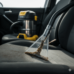 Utilisation d'un injecteur extracteur Parkside pour nettoyer des sièges de voiture avec extraction d'eau sale.