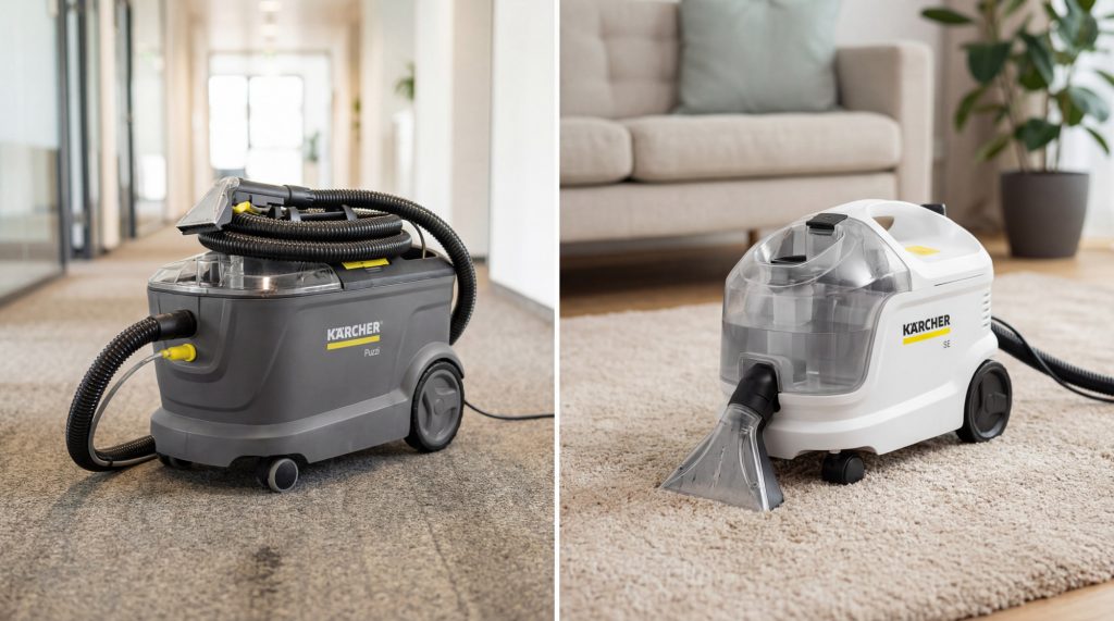 Image comparative de deux shampouineuses Kärcher : un modèle Puzzi gris et un modèle SE blanc, sur moquette.