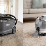 Guide d'achat 2026 : choisir sa shampouineuse Kärcher 3 Image comparative de deux shampouineuses Kärcher : un modèle Puzzi gris et un modèle SE blanc, sur moquette.