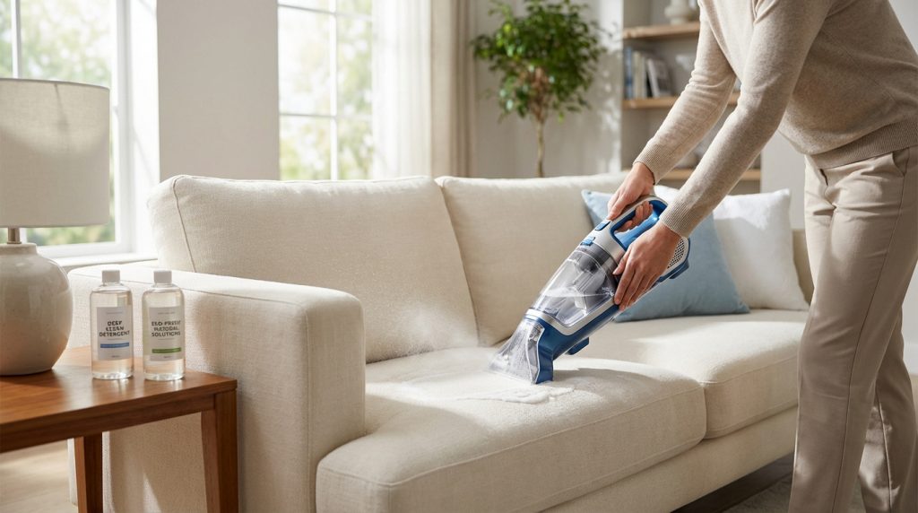 Une personne nettoie un canapé clair avec une shampouineuse portative. Deux bouteilles de détergent sont sur une table d'appoint.
