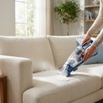Quel produit pour shampouineuse choisir pour tout nettoyer 4 Une personne nettoie un canapé clair avec une shampouineuse portative. Deux bouteilles de détergent sont sur une table d'appoint.