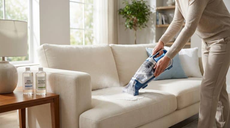 Une personne nettoie un canapé clair avec une shampouineuse portative. Deux bouteilles de détergent sont sur une table d'appoint.