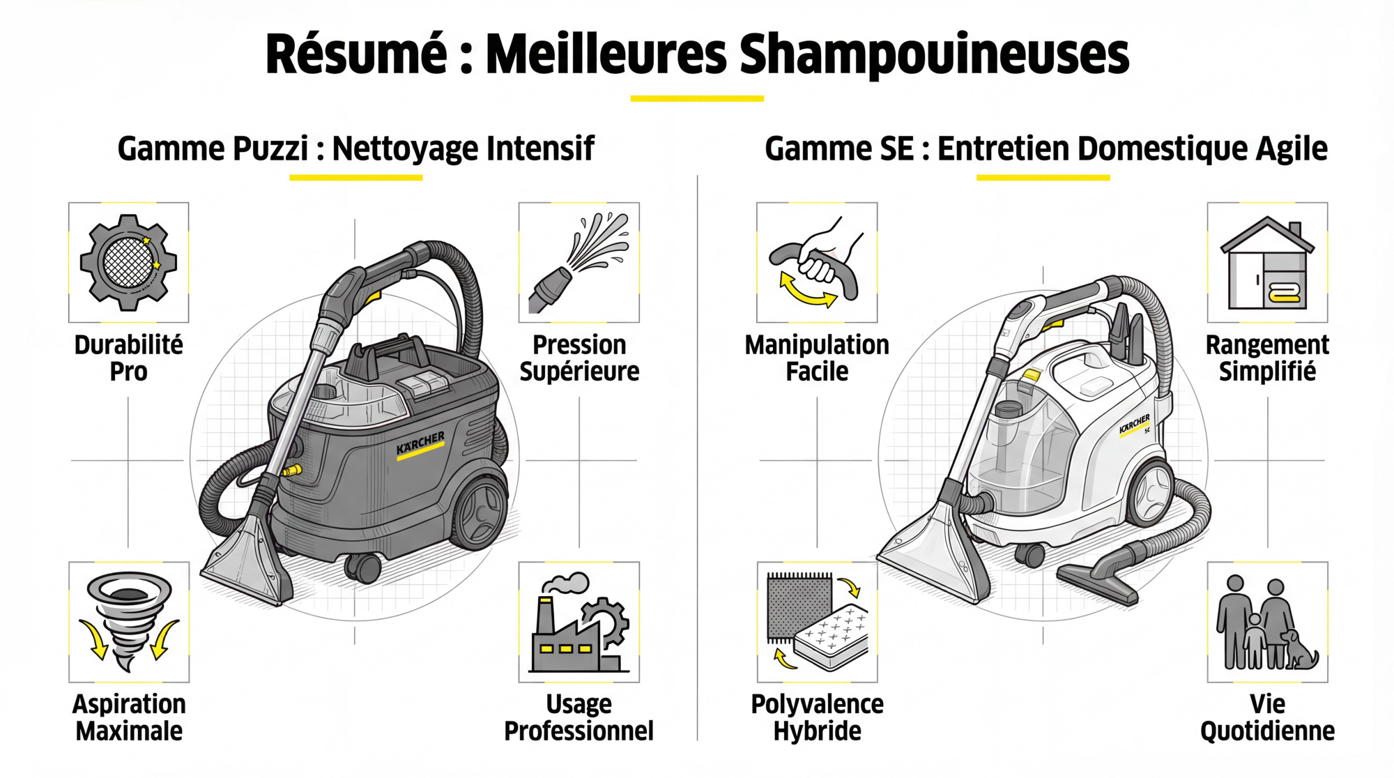 Comparatif des gammes Karcher Puzzi et SE pour tapis et canapés
