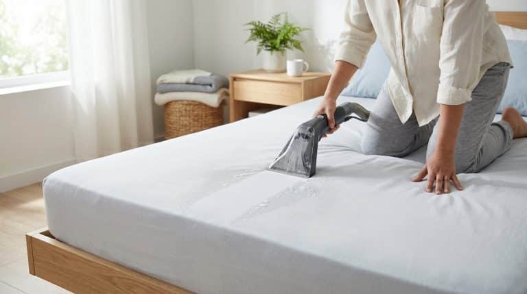 Une personne nettoie un matelas blanc avec une shampouineuse, laissant des traces d'eau savonneuse. Chambre lumineuse et propre.