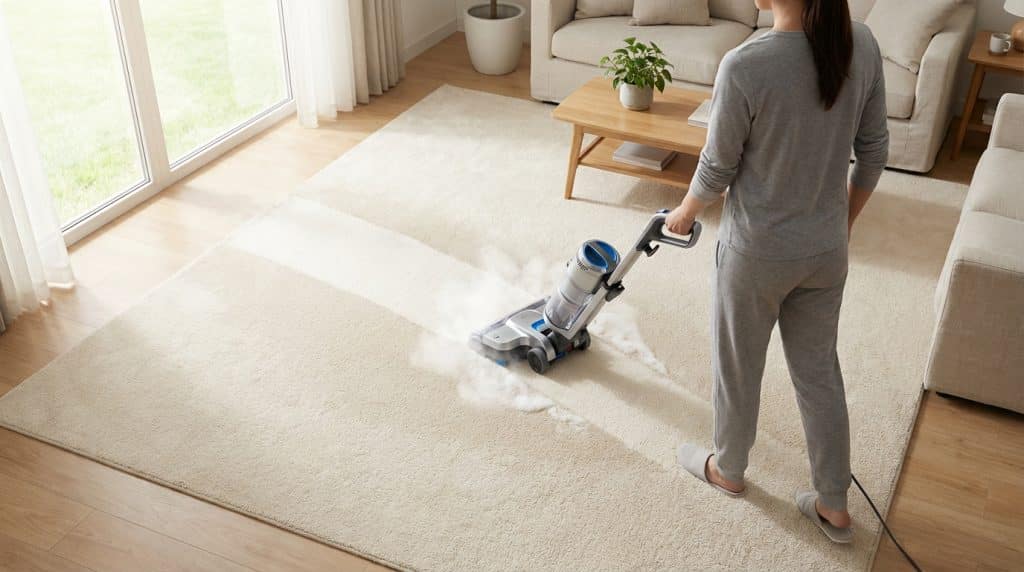 Une personne nettoie une moquette beige avec une shampouineuse, laissant une trace propre. Salon lumineux avec parquet.