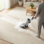 Une personne nettoie une moquette beige avec une shampouineuse, laissant une trace propre. Salon lumineux avec parquet.