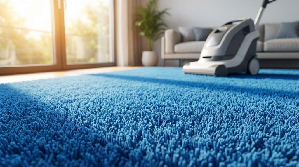 Gros plan sur un tapis bleu moelleux avec une machine de nettoyage de tapis professionnelle en arrière-plan dans un salon lumineux.