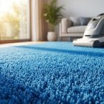 Gros plan sur un tapis bleu moelleux avec une machine de nettoyage de tapis professionnelle en arrière-plan dans un salon lumineux.