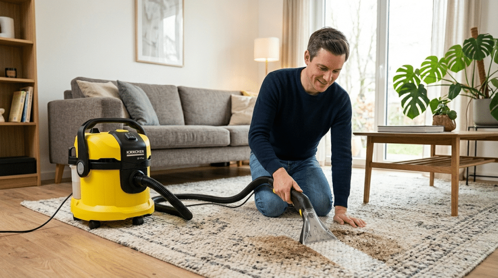 Nettoyage d'un tapis avec l'injecteur-extracteur Kärcher SE 4 Plus : démonstration de l'efficacité de l'appareil.