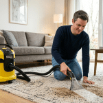 Nettoyage d'un tapis avec l'injecteur-extracteur Kärcher SE 4 Plus : démonstration de l'efficacité de l'appareil.