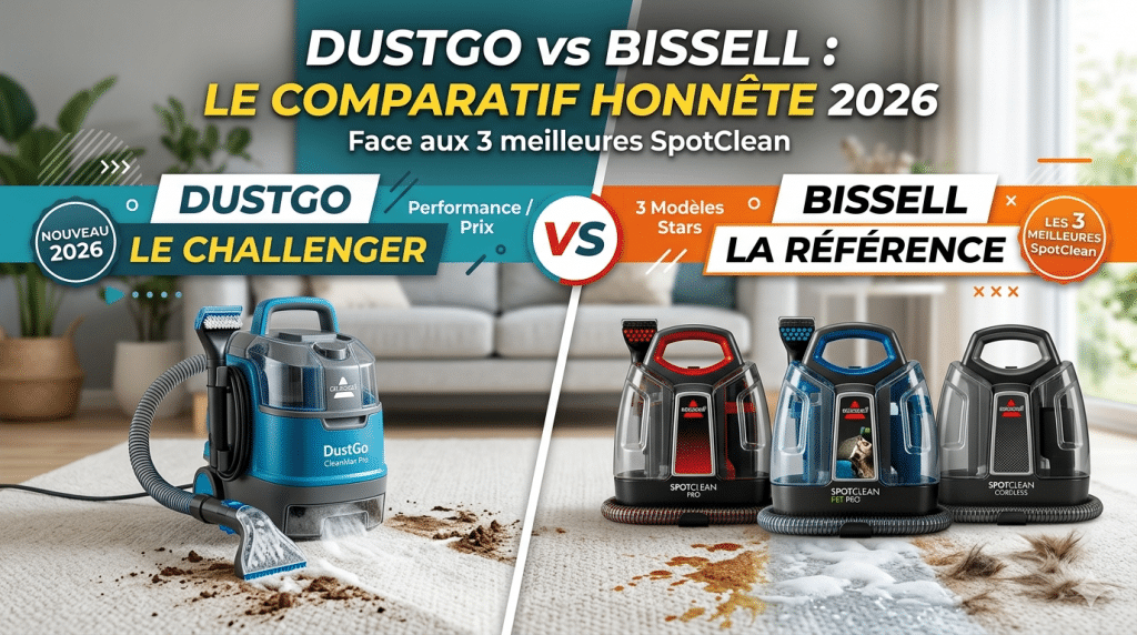 Image de couverture comparant le nettoyeur de taches DustGo (le challenger) face aux trois modèles phares de Bissell SpotClean (la référence) sur un tapis de salon, illustrant un match de performance pour le nettoyage des taches en 2026.