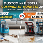 Image de couverture comparant le nettoyeur de taches DustGo (le challenger) face aux trois modèles phares de Bissell SpotClean (la référence) sur un tapis de salon, illustrant un match de performance pour le nettoyage des taches en 2026.