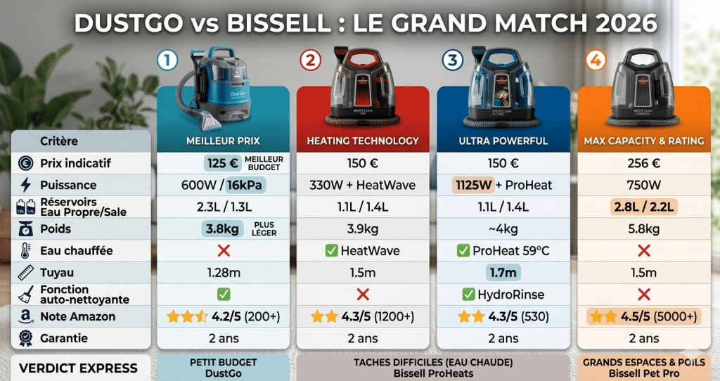 Infographie comparative 2026 entre le DustGo (16kPa) et les modèles Bissell ProHeat et Pet Pro. Tableau des prix, puissance, poids et fonctions d'auto-nettoyage.