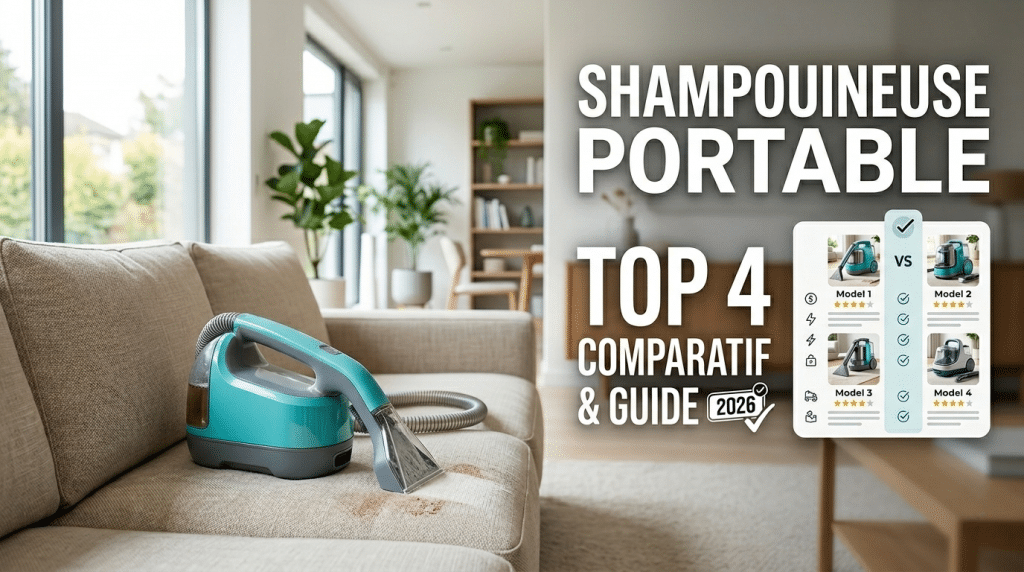 Comparatif de 4 modèles de shampouineuses portables en 2026 présentées sur un canapé avec un tableau récapitulatif.