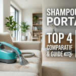 Comparatif de 4 modèles de shampouineuses portables en 2026 présentées sur un canapé avec un tableau récapitulatif.