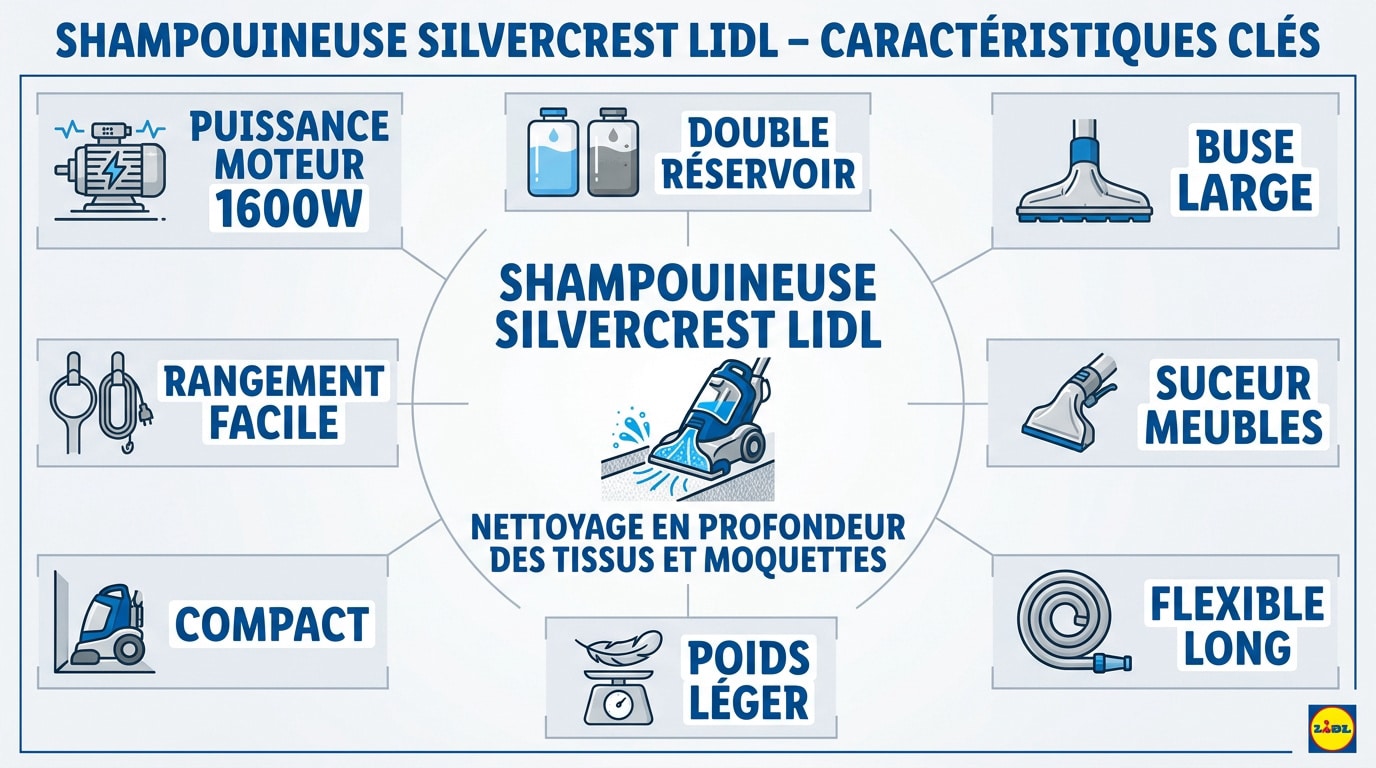 Détails techniques de la shampouineuse Silvercrest Lidl pour tapis et canapés