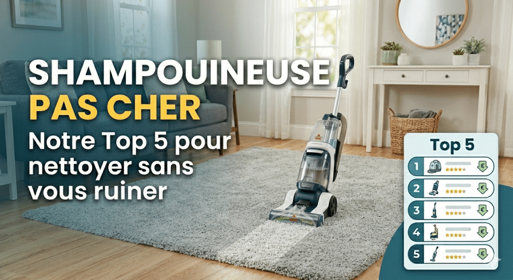 Photo de couverture d'un salon avec une shampouineuse à tapis au centre, affichant le texte superposé 'SHAMPOUINEUSE PAS CHER - Notre Top 5 pour nettoyer sans vous ruiner'. À droite, un panneau de classement 'Top 5' répertorie divers appareils avec des évaluations étoilées et des icônes d'achat.