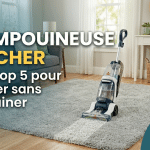 Photo de couverture d'un salon avec une shampouineuse à tapis au centre, affichant le texte superposé 'SHAMPOUINEUSE PAS CHER - Notre Top 5 pour nettoyer sans vous ruiner'. À droite, un panneau de classement 'Top 5' répertorie divers appareils avec des évaluations étoilées et des icônes d'achat.