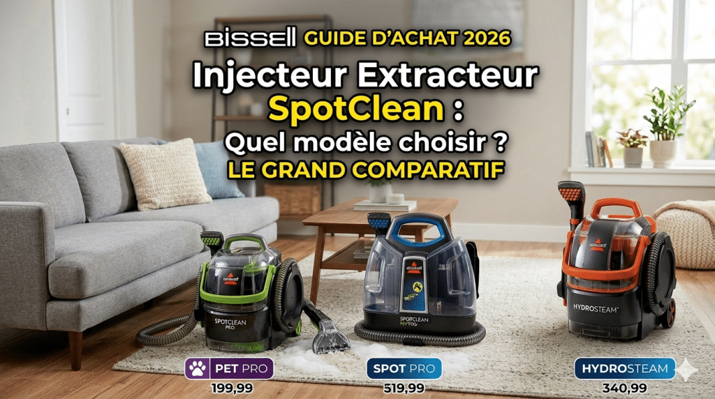 Comparatif 2026 des injecteurs-extracteurs Bissell SpotClean : les modèles Pro, Pet Pro et HydroSteam présentés dans un salon moderne pour un guide d'achat.