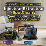 Comparatif 2026 des injecteurs-extracteurs Bissell SpotClean : les modèles Pro, Pet Pro et HydroSteam présentés dans un salon moderne pour un guide d'achat.