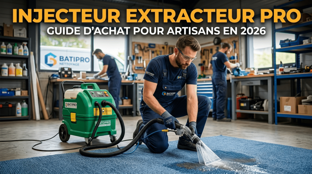 Un artisan en bleu de travail utilise un injecteur-extracteur professionnel vert pour nettoyer un tapis bleu dans un atelier mécanique. En haut, le texte de la couverture indique "Injecteur Extracteur Pro : guide d'achat pour artisans en 2026".
