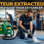 Un artisan en bleu de travail utilise un injecteur-extracteur professionnel vert pour nettoyer un tapis bleu dans un atelier mécanique. En haut, le texte de la couverture indique "Injecteur Extracteur Pro : guide d'achat pour artisans en 2026".