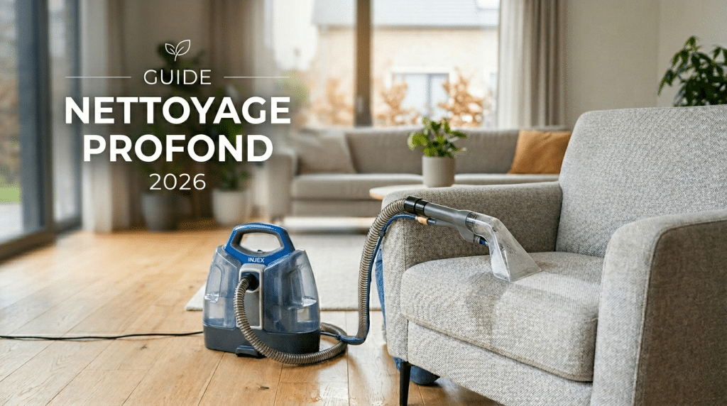 Un aspirateur injecteur-extracteur en train de nettoyer un fauteuil en tissu gris dans un salon moderne, avec l'inscription textuelle Guide Nettoyage Profond 2026.