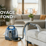 Un aspirateur injecteur-extracteur en train de nettoyer un fauteuil en tissu gris dans un salon moderne, avec l'inscription textuelle Guide Nettoyage Profond 2026.