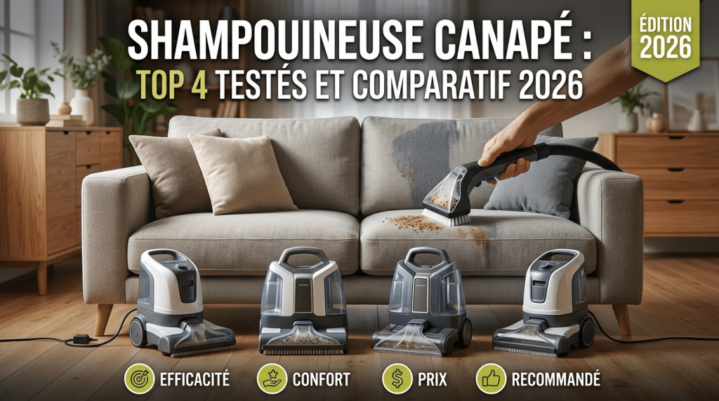 Comparatif 2026 des 4 meilleures shampouineuses pour canapé. L'image montre quatre appareils de nettoyage présentés devant un canapé en tissu gris en cours de nettoyage, avec le titre de l'article intégré en haut.