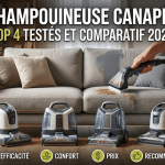 Comparatif 2026 des 4 meilleures shampouineuses pour canapé. L'image montre quatre appareils de nettoyage présentés devant un canapé en tissu gris en cours de nettoyage, avec le titre de l'article intégré en haut.
