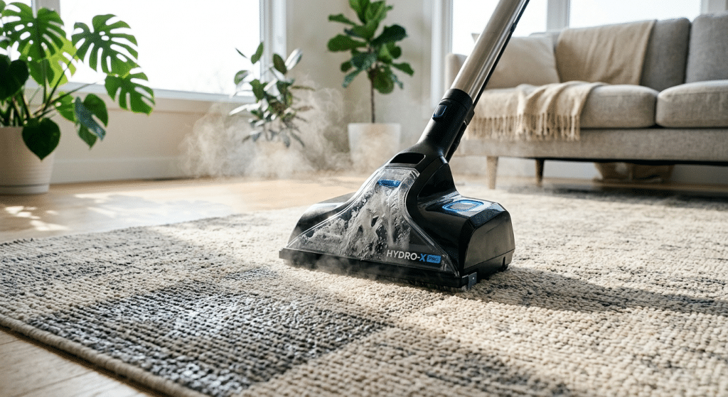 Gros plan sur l'embout d'un injecteur-extracteur nettoyant un tapis moderne et laissant une bande propre après son passage.