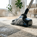 Comment nettoyer un tapis : méthodes, appareils et séchage 3 Gros plan sur l'embout d'un injecteur-extracteur nettoyant un tapis moderne et laissant une bande propre après son passage.