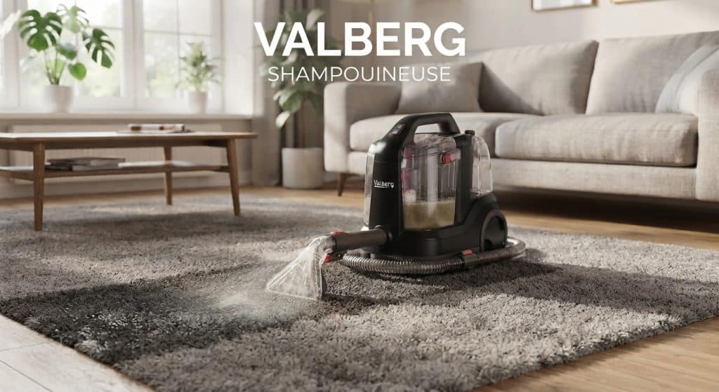 Shampouineuse Valberg en action sur un tapis de salon, illustration du test et avis complet sur cet appareil de nettoyage.