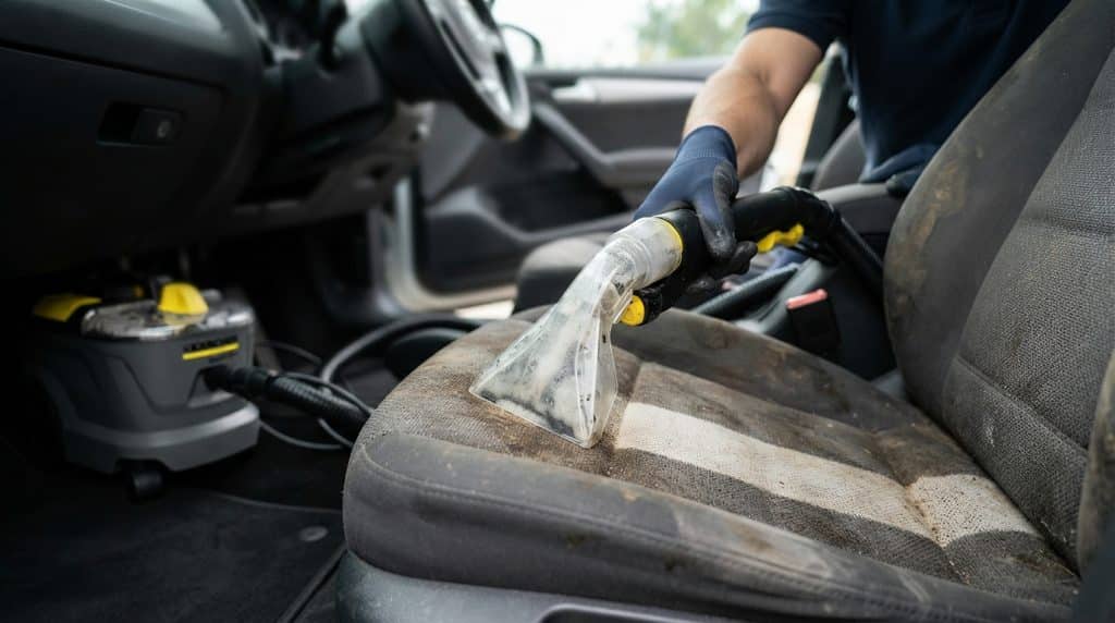 Nettoyage en profondeur d'un siège de voiture taché à l'aide d'un injecteur extracteur professionnel, illustrant le guide d'utilisation.