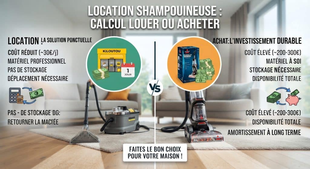 Comparatif visuel entre la location d'une shampouineuse et l'achat d'un injecteur-extracteur pour nettoyer ses tapis et canapés.