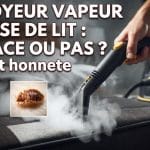 Nettoyeur vapeur punaise de lit : efficace ou pas ? Le point honnête 3 Utilisation d'un nettoyeur vapeur professionnel pour éliminer les punaises de lit sur un matelas, avec encart montrant une punaise de lit.