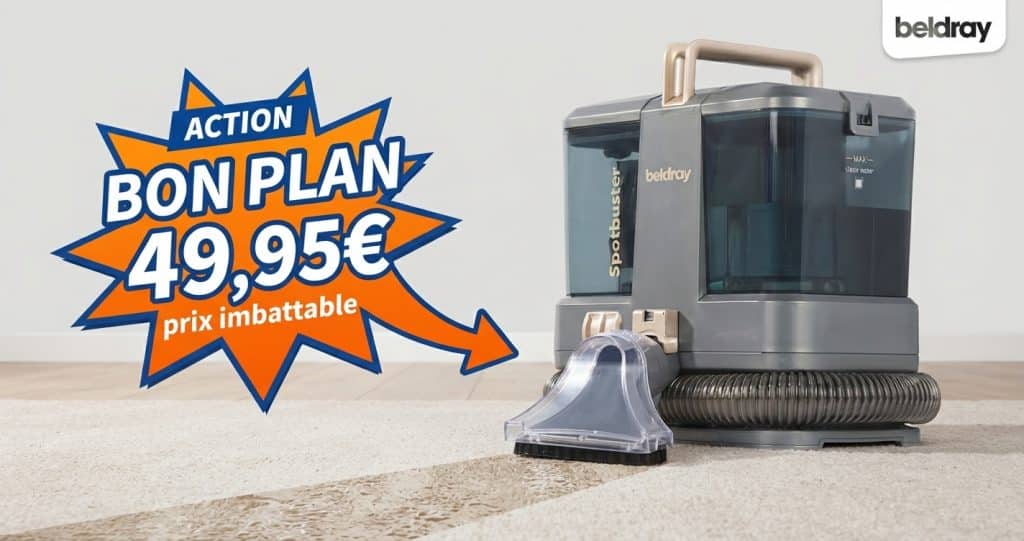Photo de couverture de la shampouineuse extracteur de taches Beldray sur un tapis propre, avec un badge "Bon Plan Action à 49,95 €.